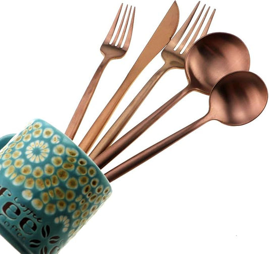 Matte Rose Gold Silverware Set,Gugrida 5-Piece 18/10 Stainless Steel Satin Finish Flatware Set,Kitchen Utensil Set,Tableware Travel Cutlery Set for Camping Office or School Lunch, Dishwasher Safe