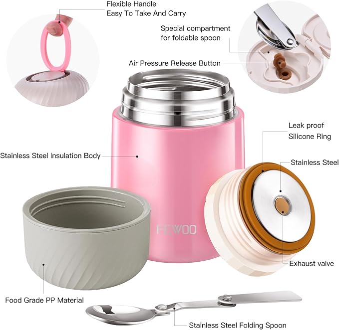 FEWOO Food Jar - 20oz Vacuum Insulated Soup Container, Stainless Steel Lunch Box for Kids Adult, with Folding Spoon for Hot or Cold Food (Pink)