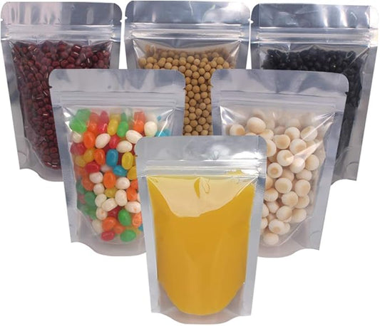 100 PACK 4 x 6 Inch Zipper Mylar Bags Stand Up Mylar Zip Lock Bags Clear Silver Bag Reusable Food Storage Aluminum Foil Pouch Bag for Multipurpose with Gusset Bottom(5.5mil Thickness)