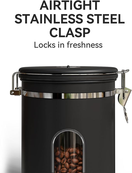 Veken Coffee Canister with Window,Coffee Bar Accessories,Airtight Stainless Steel Kitchen Food Storage Container Lover Gifts,Date Tracker and Scoop for Grounds,Beans,Tea, Sugar,Flour,Cereal,22OZ,Black