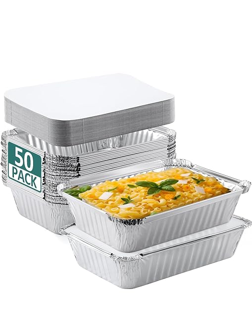 50 Pack 8x6 Disposable Aluminum Pans with Lids Aluminum-Foil-Pans-Tin-Foil-Baking-Pans-Tin-Trays-Food-To-Go-Containers-for-Meal-Prep-Cooking-Roasting-Heating-Takeout