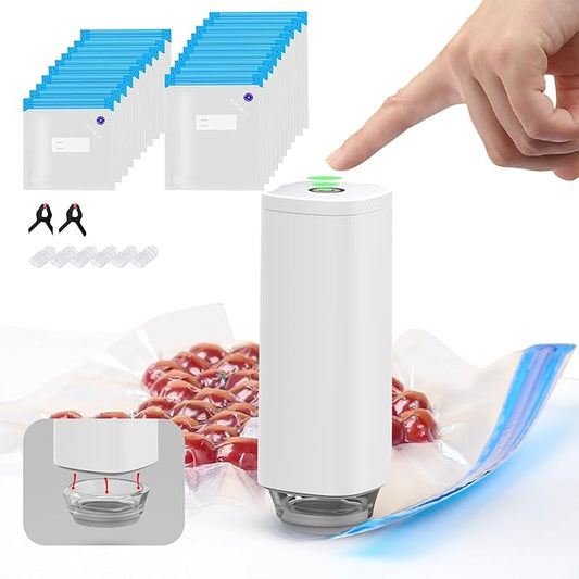 Vacuum Sealer with 20 Reusable Sous Vide Bags – Portable Vacuum Pump for Food Storage, Includes 6 Sealing Clips & 2 Bag Clips – Ideal for Sous Vide Cooking & Meal Prep