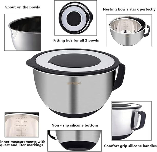 HAPPY KIT 18/8 Mixing Bowls With Lids Set of 2,Stainless Steel Mixing Bowl With Pour Spout, Non-slip Handle and Bottoms, 3 Grater Attachments, Measurement Marks & Lid, Size 5, 3QT(Black)