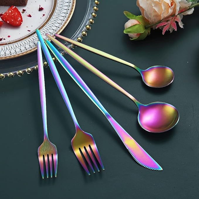 Matte Rainbow Flatware Set 20 Pieces, Stainless Steel Colorful Silverware Set, Titanium Plating Matte Rainbow Cutlery Set, Matte Rainbow Utensil Sets, Service Set for 4 (Matte Rainbow)