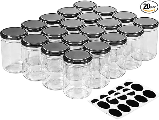 Glass Candle Jars with Lid, 12 oz Wide Mouth Small Glass Jar, Canning Jars with Extra Black Stickers, Set of 20, Dishwasher Safe