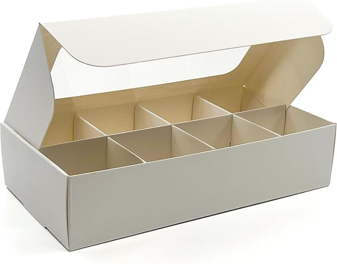 Treat boxes with window and dividers | 8 X-SMALL compartments | 6.75 x 3.5 x 1.57 in | Empty candy boxes for gift giving, truffle box - perfect for Valentine's Day | 10-pack (White)