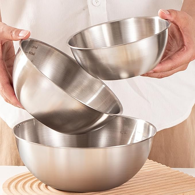 Stainless Steel Salad Bowls Set of 2 Mixing Bowl with Measurement Markings Snacks Bowls, 4.23 Quart Serving Bowls for Mixing, Cooking, Baking, Prepping and Home Kitchen Food Storage Bowls