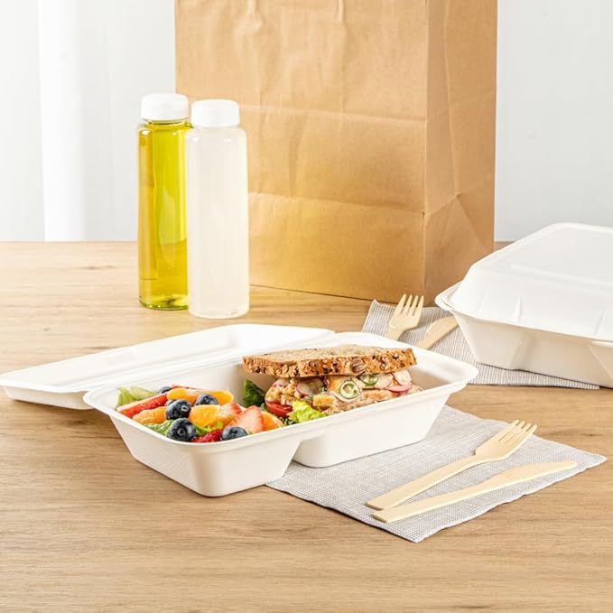 Restaurantware Pulp Safe No PFAS Added 34 Ounce Clamshell Boxes 100 Disposable Containers - Home Compostable 2 Compartments White Bagasse Containers Microwavable And Freezable Hinged Lid