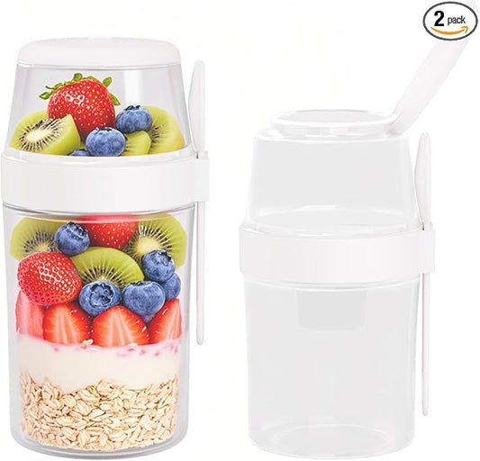 2 Pack Reusable Leak-Proof Overnight Oats Container with Dual-Layer Compartment, Built-in Dipping Box, with Spoon & Airtight Lids, Meal Prep Jar for Yogurt Parfait, Chia Pudding (White)
