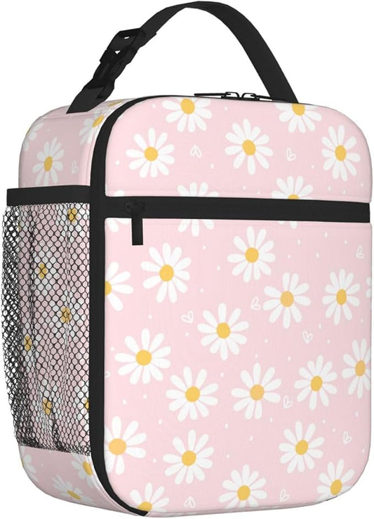 Pink Daisy Flower Insulated Lunch Bag Kids,Kids Lunch Box for Girls Boys,Bento Lunch Box Cooler Bag with Front Pocket for Women Men,Cute Lunch Tote Bag Lunchbox for Work/Office/School/Picnic