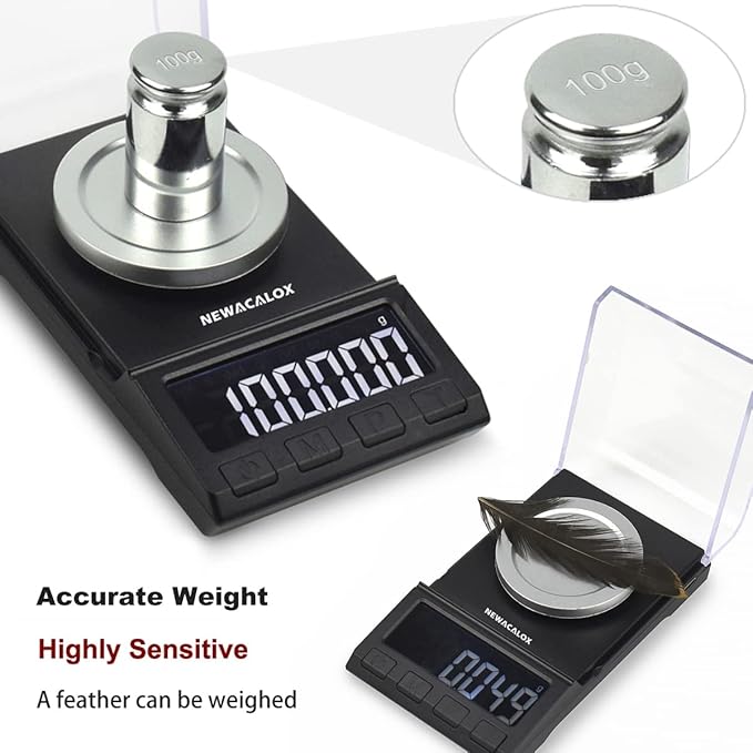 Milligram Scale with USB Supply, NEWACALOX Reloading Scale 100 x 0.001g, High Precision Portable Multifunction Lab Powder Scales with Calibration Tare Weights, Tweezers, Weighing Pans Black