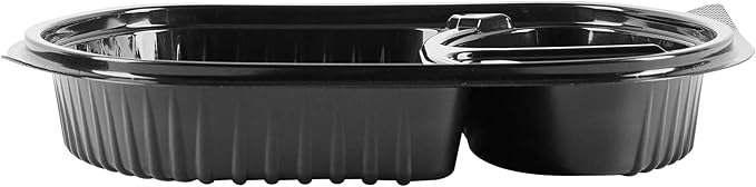 Restaurantware RW Base 27 Ounce Meal Prep Containers, 50 Microwavable To Go Containers With Lids - 3 Compartments, Disposable, Black Plastic Oval Food Containers, For Hot And Cold Food, Freezable