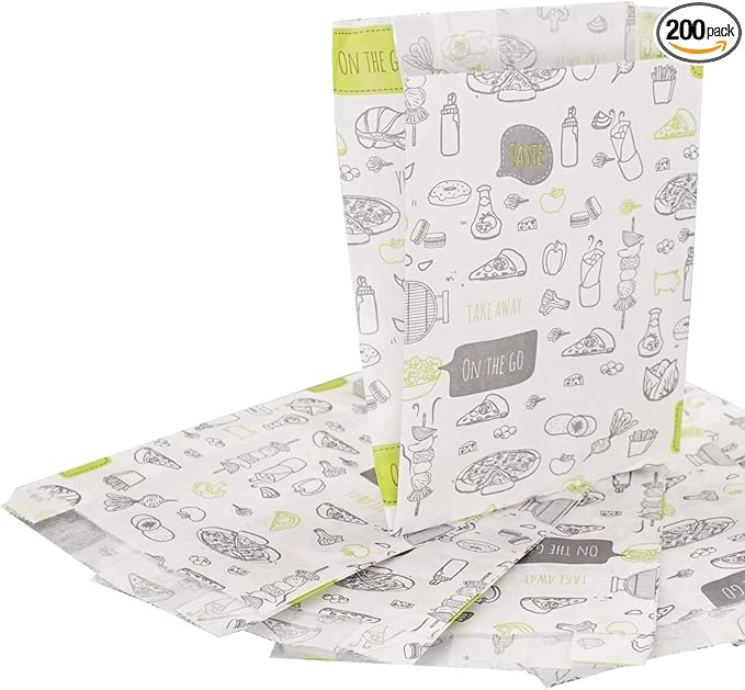 (Pack of 200) Paper Bags for Food Packaging, 4.33" x 1.18" x 4.72" (11 x 3 x 12 cm), French Bags, Greaseproof Fast Food Bags, Food Packaging