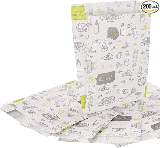 (Pack of 200) Paper Bags for Food Packaging, 4.33" x 1.18" x 4.72" (11 x 3 x 12 cm), French Bags, Greaseproof Fast Food Bags, Food Packaging