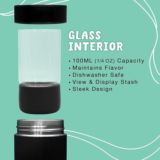 Mini Airtight Storage Container - Vacuum Sealed Insulated w Nested Glass Jar - UV Protection, Temperature Controlled Stainless - Whiteboard Finish w Marker Included - 100 ml (1/4 Oz)
