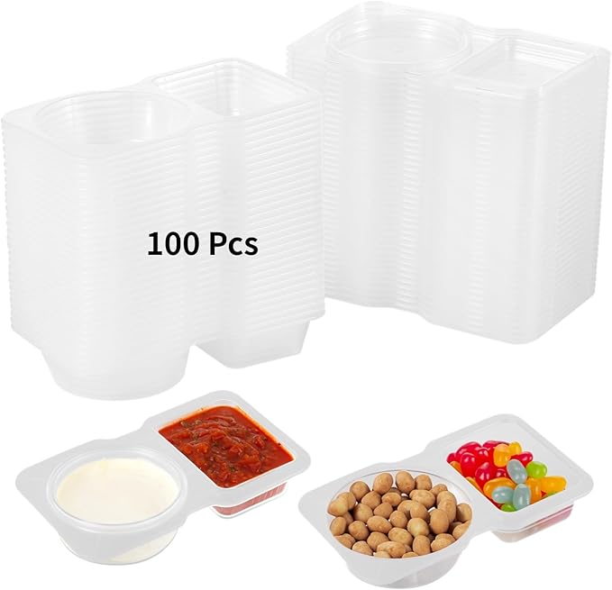 OMISTAR 50 Pcs Double Condiment Containers, Double Compartment Containers with Lids, Square and Round Dual-Compartment Snack Containers, Clear Portion Cups for to-go Sauce, Sampling, Travel