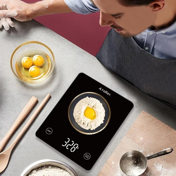 Ataller Digital Food Scale, Tempered Glass Panel, 10Kg/22lb Capacity, Kitchen Weighing Scales with LED Display and 1g Increments for Baking, Cooking, Keto and Meal Prep, Black
