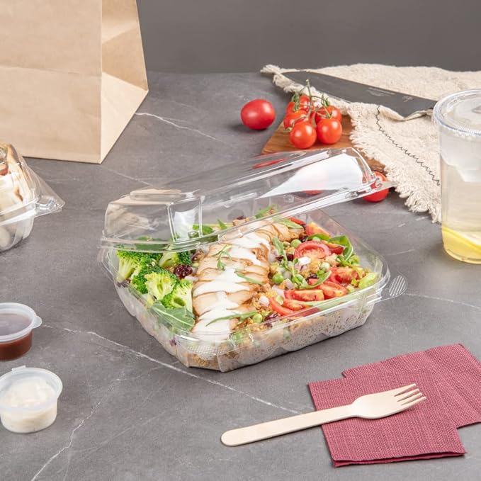Restaurantware Thermo Tek 33.8 Ounce Clamshell Containers 100 Anti-Fog To Go Food Containers - Freezable Square Clear Plastic Food Packaging Containers Disposable