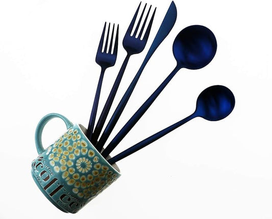 Matte Blue Gugrida 5-Piece 18/10 Stainless Steel Silverware Set, Satin Finish Flatware, Kitchen Utensils, Tableware Travel Cutlery for Camping, Office or School Lunch, Dishwasher Safe