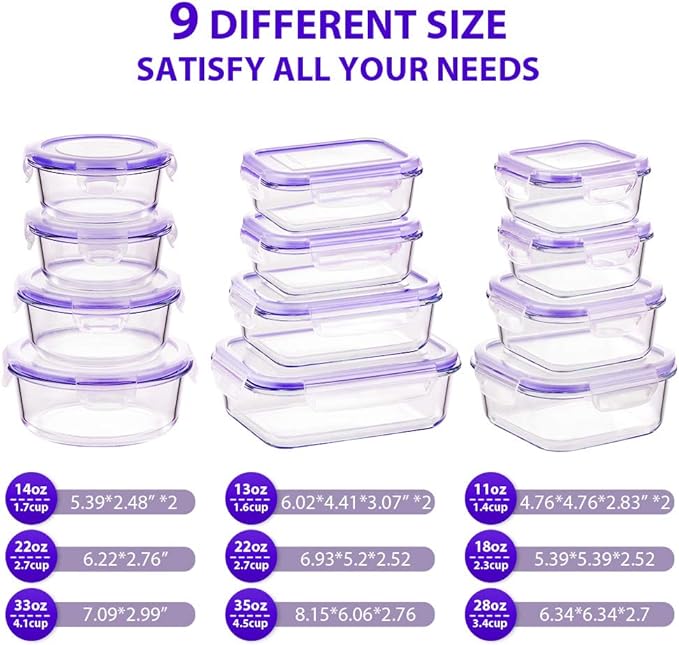 Glass Food Storage Containers with Lids, [24 Piece] Glass Meal Prep Containers, Airtight Glass Bento Boxes, BPA Free & Leak Proof (12 lids & 12 Containers) - Purple