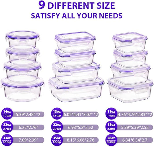Glass Food Storage Containers with Lids, [24 Piece] Glass Meal Prep Containers, Airtight Glass Bento Boxes, BPA Free & Leak Proof (12 lids & 12 Containers) - Purple
