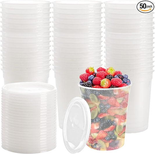 Lawei Set of 50 Plastic Deli Food Containers with Lids - 32 Oz Food Storage Containers Freezer Deli Cups for Soup, Party Supplies, Meal Prep and Portion Control