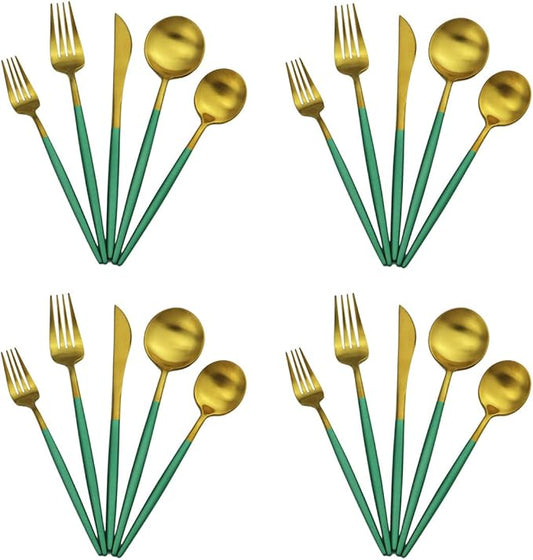 20-Piece 18/10 Stainless Steel Flatware Silverware, Luxury Dinnerware Set Travel Cutlery Tableware Include Knife Fork Spoon Service for 4, Dishwasher Safe (Green Handle Matte Gold)