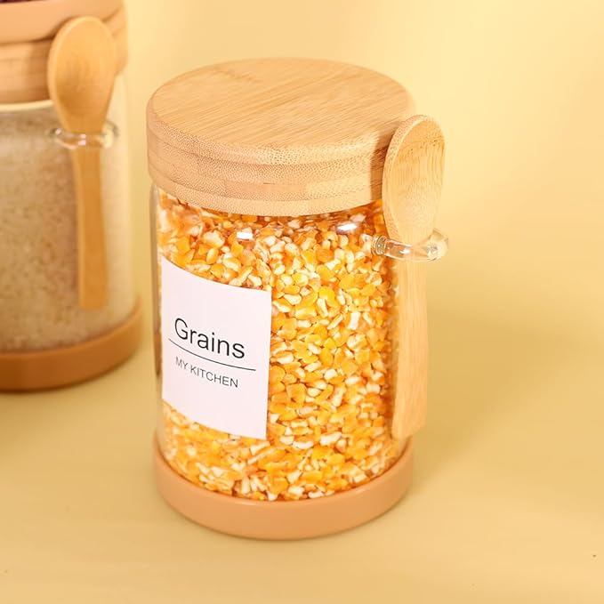 SAIOOL 4 Pack Glass Storage Containers with Bamboo Lids and Spoon,Overnight Oats Containers with Lids,with Anti Slip Silicone Base,Seasoning Organizer,Spice Jars (Bamboo 29.6OZ*4)