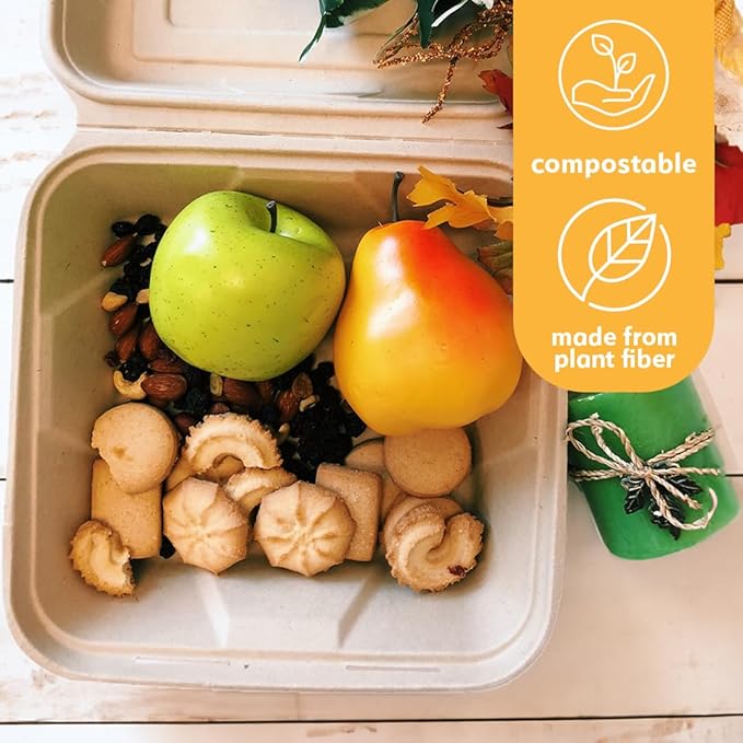 100% Compostable Disposable Food Containers with Lids [8”X8” 200 Pack] Eco-Friendly Take-Out TO-GO Containers, Heavy-Duty, Biodegradable, Unbleached by Earth's Natural Alternative