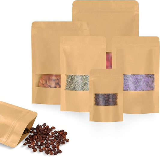 100pcs Kraft Bags with Window 5.9x8.6 Inches Brown Reusable Sealable Zip Lock Food Storage Stand up Paper Pouches for Home or Business