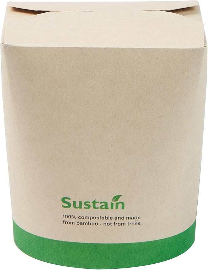 Restaurantware Sustain 32 Ounce Sturdy Paper Take Out Boxes, 50 Disposable Take Out Food Containers - With PLA lining, Compostable, Bamboo Paper Containers, Built-In Tab-Lock Cover, Greaseproof