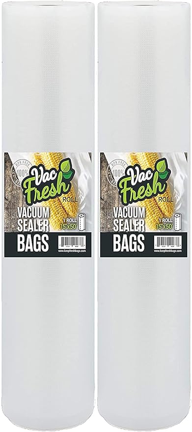 Vac Fresh 15x50 Vacuum Sealer Rolls, Large Vacuum Seal Bags 3.5 mil Thick, 15 inches Wide x 50 Feet Long, Vacuum Seal Bags Roll for Food Storing, Meal Prep, Sous Vide Cooking, Bulk Storage, 2 Rolls