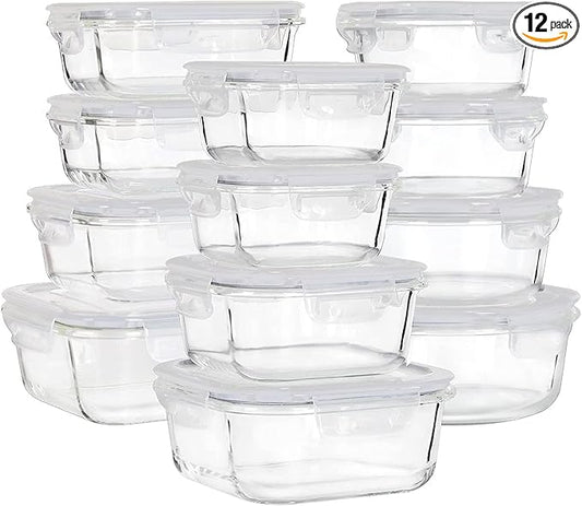 Glass Food Storage Containers with Lids, [24 Piece] Glass Meal Prep Containers, Airtight Glass Bento Boxes, BPA Free & Leak Proof (12 lids & 12 Containers) - White