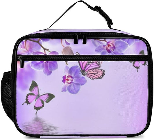 Orchids Butterfly Reusable Lunch Box Insulated Lunch Bag Cooler Bag Lunchbox Meal Food Container Tote Bag for Women Kids Girls School Camping Hiking Picnic Beach Travel