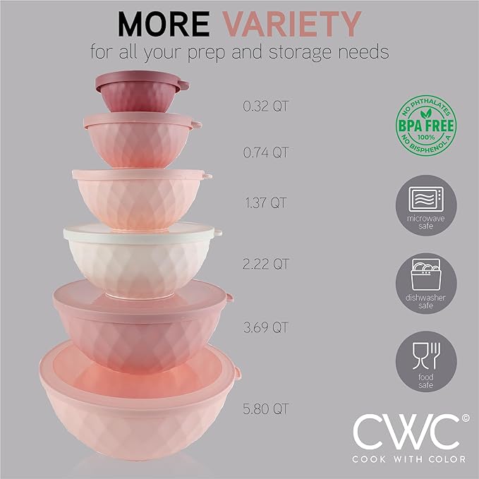 COOK WITH COLOR Mixing Bowls with Lids - 12 Piece Plastic Nesting Bowls Set includes 6 Prep Bowls and 6 Lids, Non Slip Bottom and Diamond Design - Microwave Safe (Mint)