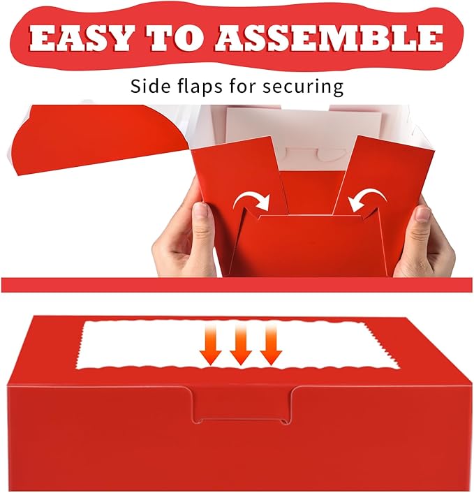 KPOSIYA 40pcs 8x8x5 inches Cake Boxes with Cake Boards（20 Boxes & 20 Boards）, Red 8 inch Cake Boxes with Window,Cajas Pasteles Square Cardboard Cake Containers for Christmas Thanksgiving