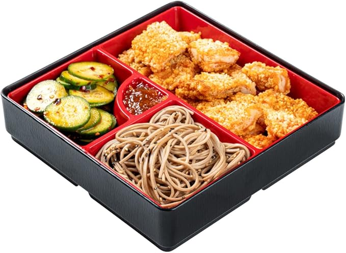 Restaurantware-8.3 x 2.2 Inch Compartment Lunch Container, 1 Japanese Style Adult Lunch Container - With 4 Compartments, Greaseproof, Black & Red Plastic Divided Lunch Box, For Hot & Cold Food