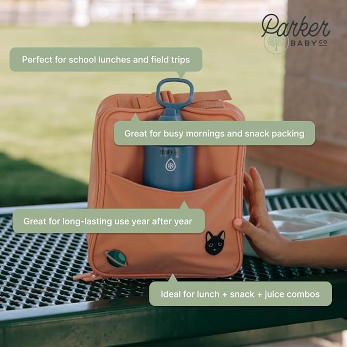 Parker Kids Insulated Waterproof Lunch Box for Children - Customizable Lunch Bag with Durable Hook and Loop Patches, Easy-Open Zippers, Water Bottle Buckle - Lilac