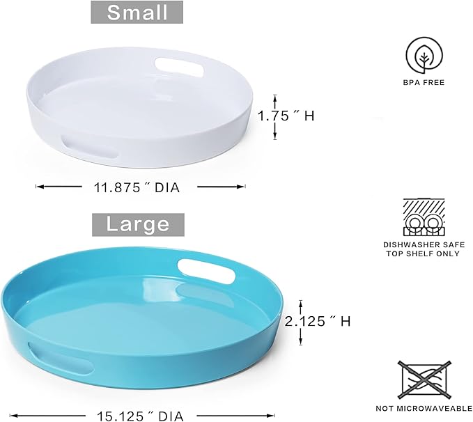 LEHAHA Large Round Serving Tray with Handles, Large Melamine Serving Tray for Coffee Table, Serving Food and Beverages, Modern Round Decorative Trays for Home/Bathroom Décor. Set of 2,Teal and White