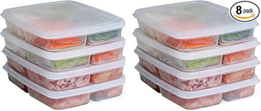 8 Pcs 4 Compartment Food Storage Containers with Lids, BPA-Free Divided Serving Tray Container Reusable, Plastic Freezer Storage Containers for Storing Fruits, Vegetables, Meat