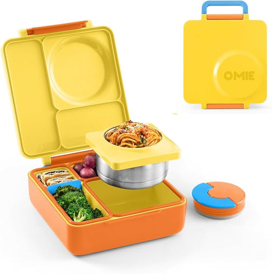 OmieBox Bento Box for Kids - Insulated Bento Lunch Box with Leak Proof Food Jar - 3 Compartments, Two Temperature Zones - (Sunshine)