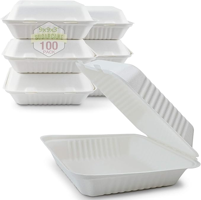 Green Earth 9-Inch, 100-Count, 1-Compartment, Compostable Clamshell, Natural Bagasse, Take-Out/to-Go Food Boxes - Biodegradable Containers