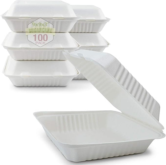 Green Earth 9-Inch, 100-Count, 1-Compartment, Compostable Clamshell, Natural Bagasse, Take-Out/to-Go Food Boxes - Biodegradable Containers