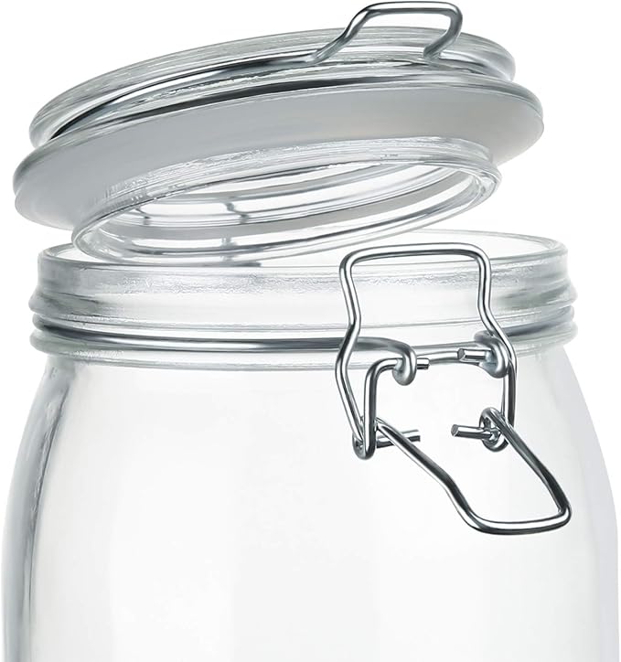 OAMCEG 4 Pack Wide Mouth Mason Jars - 34 OZ Airtight Glass Canning Jars with Leak Proof Rubber Gasket and Clip Top Lids, Perfect for Storing Coffee, Sugar, Flour or Sweets