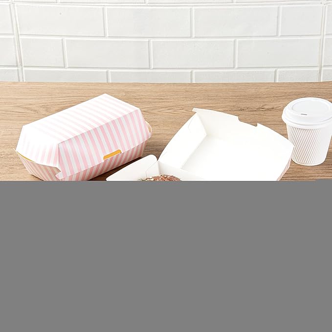 Restaurantware Bio Tek 6.7 x 3.5 x 3.5 Inch Clamshell Food Containers 100 Disposable Sandwich Containers - Hinged Lid Tab-Lock Closure Pink And White Paper Hot Dog Containers Greaseproof