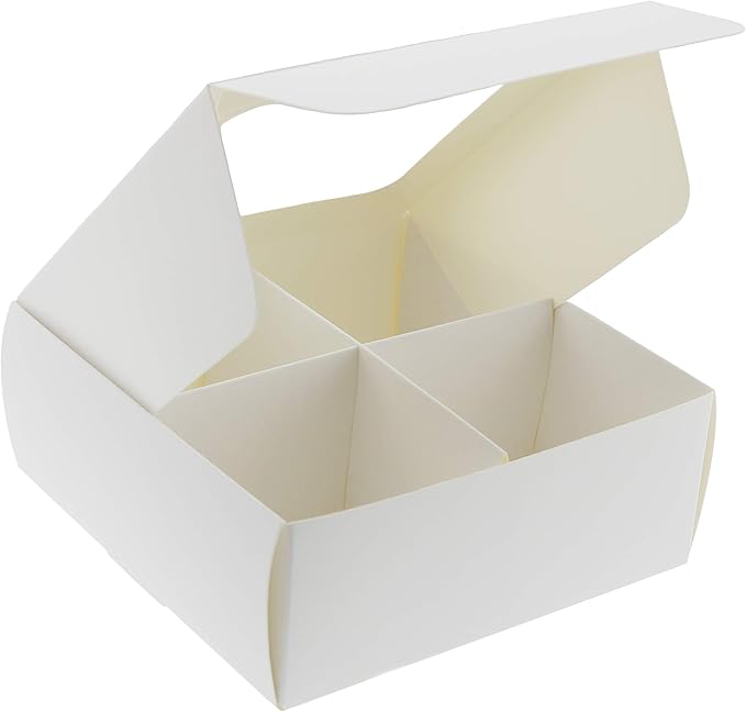 Treat boxes with window and dividers | 4 MEDIUM compartments | 6 x 6 x 2.4 in | Valentine treat boxes, baked goods packaging, box for cookies, pastry packaging | 24-pack (White)