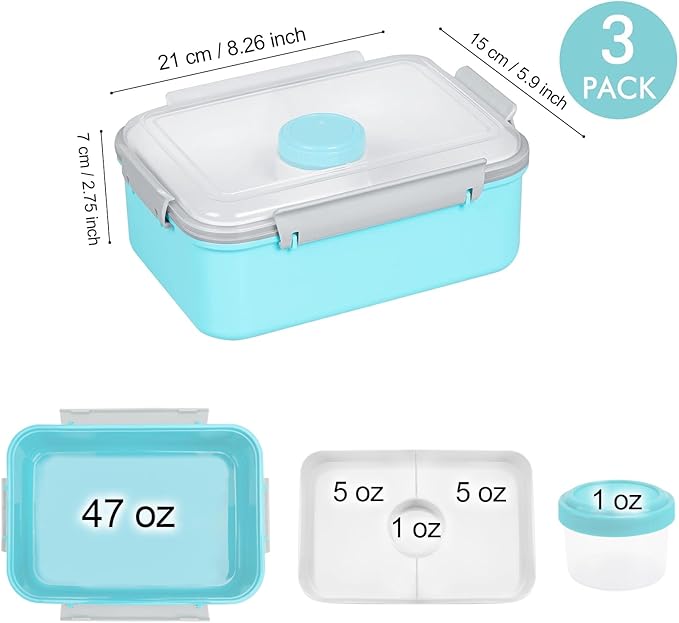 3 Pack Salad Lunch Box Food Storage Containers, 47oz Bento Box To Go Container with Lids, Meal Prep Containers with Removable Tray & Dressing Pots for Kids and Adults, Reusable and Microwave Safe