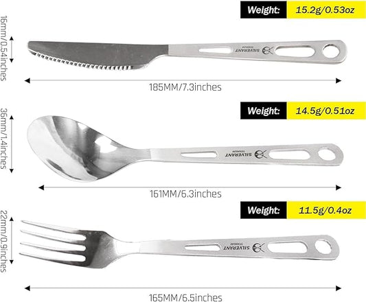 Titanium Camping Flatware, Knife Fork & Spoon 3 Piece Camping Cutlery Set Lightweight Tableware for Lunch Box Outdoor Camping & Hiking, Comes with Drawstring Bag & Carabiner- Polished
