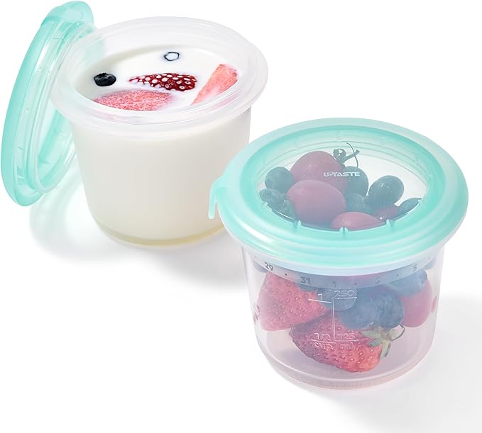 U-Taste 1 Cup Silicone Food Container: Small Kitchen Storage with Airtight Lid, Freezer & Microwave Safe, Fruit Box with Date Marking Circle, Clear Stackable for Meal Prep Portion (Set of 2, Teal)