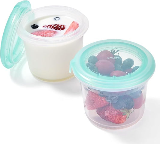 U-Taste 1 Cup Silicone Food Container: Small Kitchen Storage with Airtight Lid, Freezer & Microwave Safe, Fruit Box with Date Marking Circle, Clear Stackable for Meal Prep Portion (Set of 2, Teal)